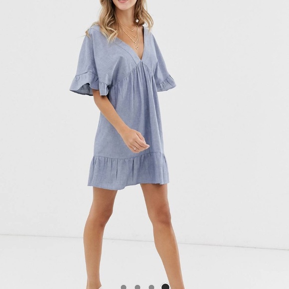 Chambray V-Neck V-Back Babydoll Dress - ASOS DESIGN - Picture 3 of 6